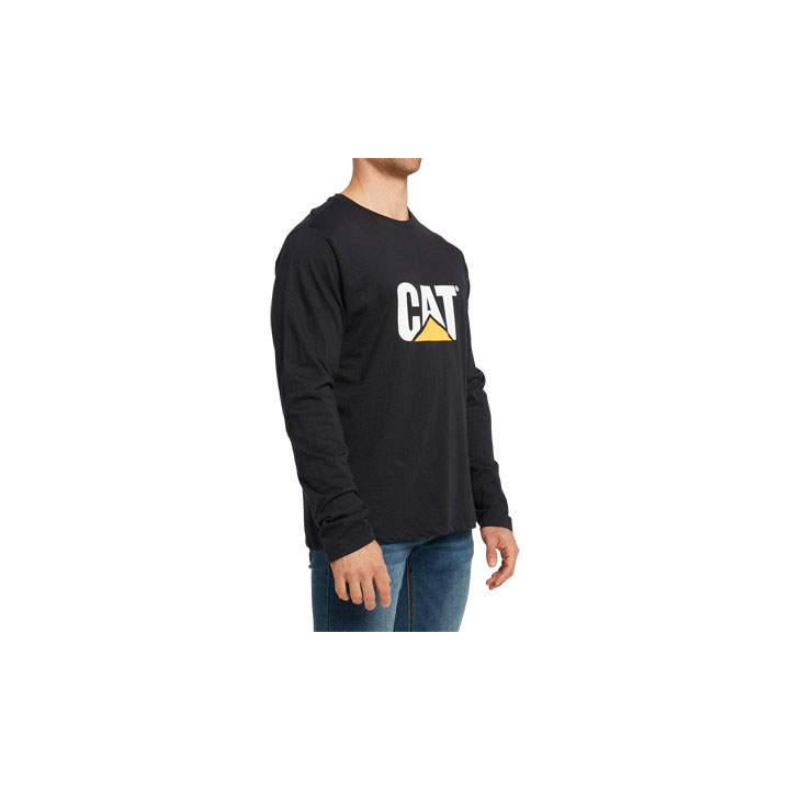 Caterpillar Original Fit Long Sleeve Logo Póló Férfi Pitch Black-Trademark | 7048-DZIJS