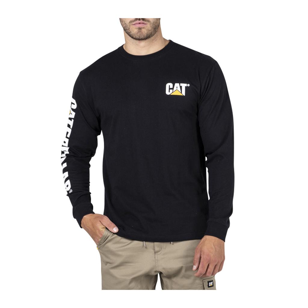 Caterpillar Trademark Banner L/S T-Shirts Férfi Fekete | 8261-NZHDC