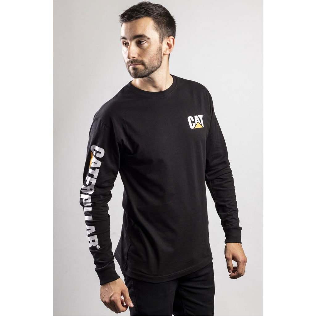 Caterpillar Trademark Banner Long Sleeve Póló Férfi Fekete | 0428-NGUZR