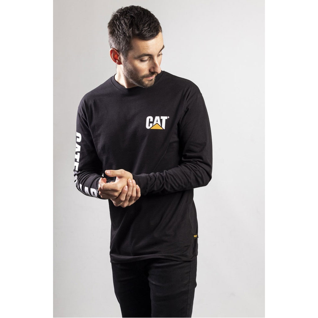 Caterpillar Trademark Banner Long Sleeve Póló Férfi Fekete | 0428-NGUZR