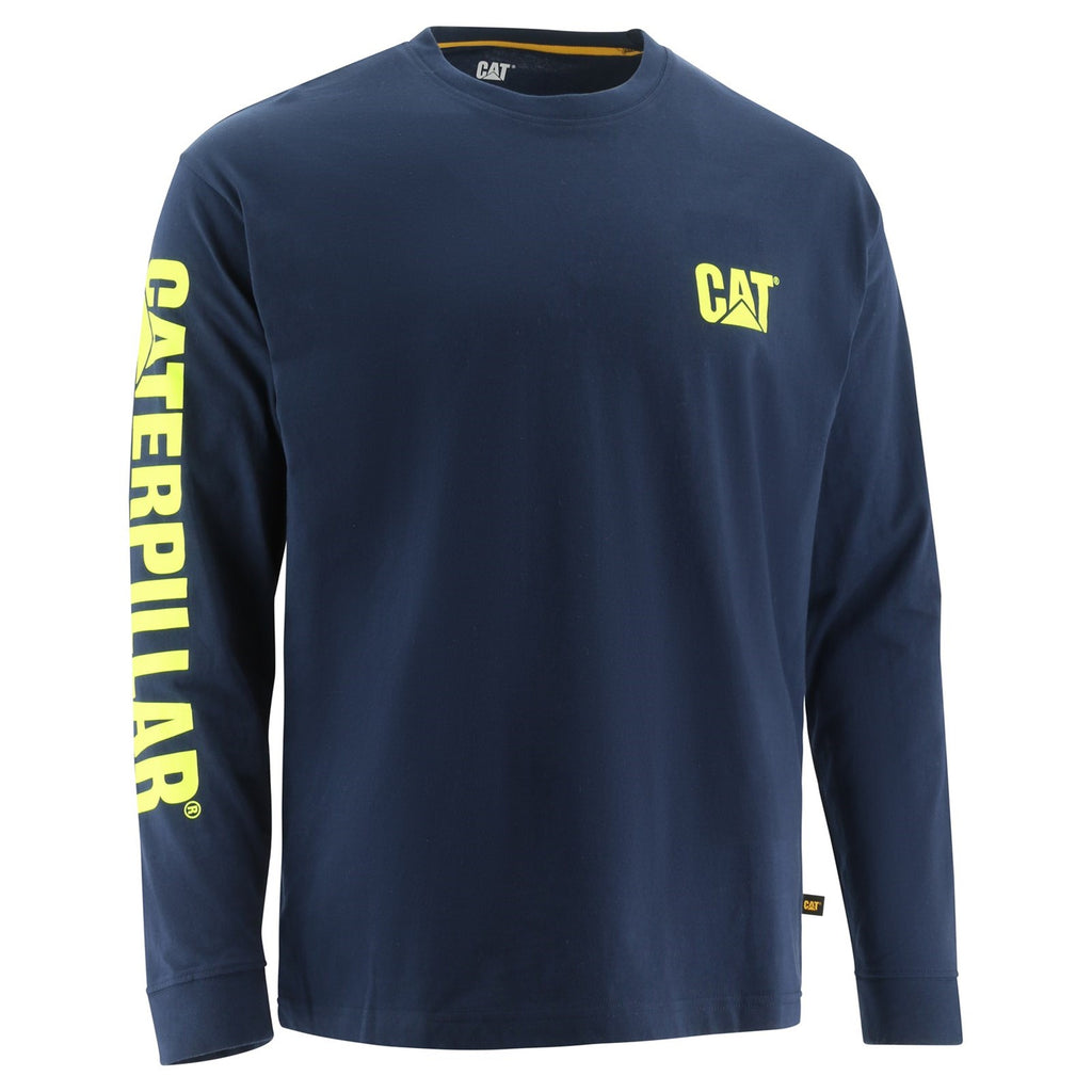 Caterpillar Trademark Banner Long Sleeve Póló Férfi Kék Sárga | 2489-ZQGFW