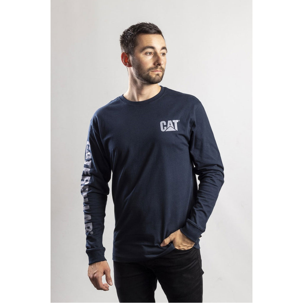 Caterpillar Trademark Banner Long Sleeve Póló Férfi Sötétfekete | 6789-PCGEY