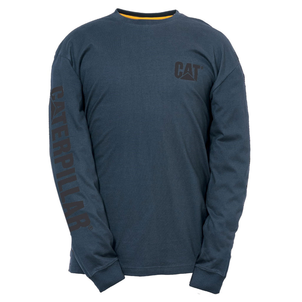 Caterpillar Trademark Banner Long Sleeve Póló Férfi Sötétfekete | 6789-PCGEY